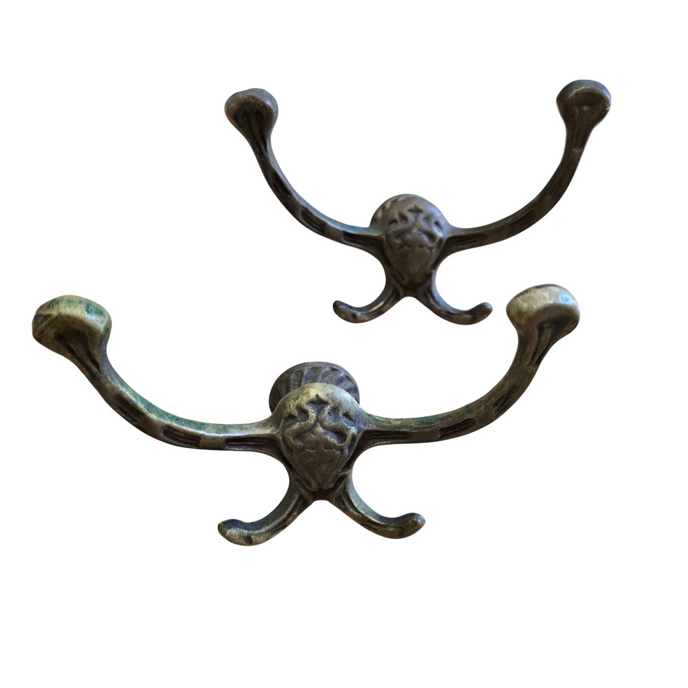 Vintage Cast Metal Wall Hooks Set of 2 Ornate 4-Prong Coat Hat Rack Aged Brass